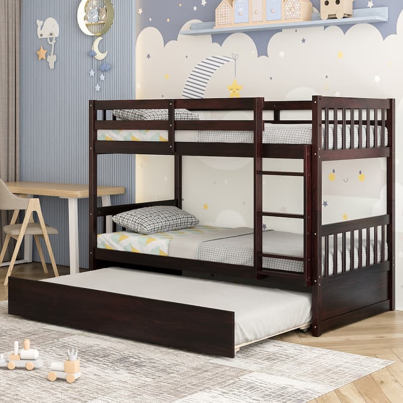 Twin Over Twin Bunk Bed with Twin Trundle Solid Wood Frame
