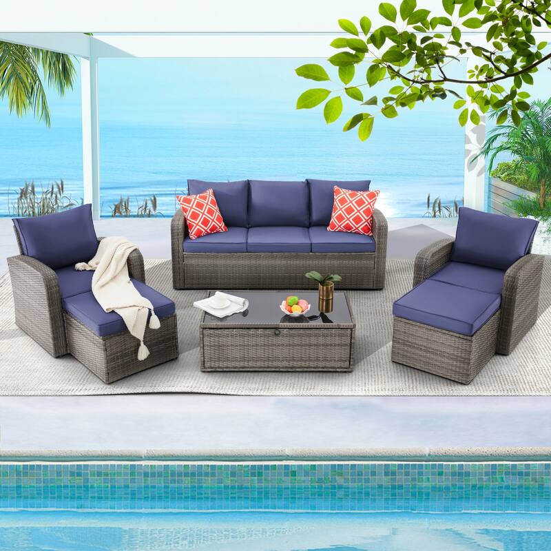 6-Piece Rattan Patio Set with Fire Pit Table, Outdoor Conversation Set with Cushions, Weather-Resistant Sofa Sectional