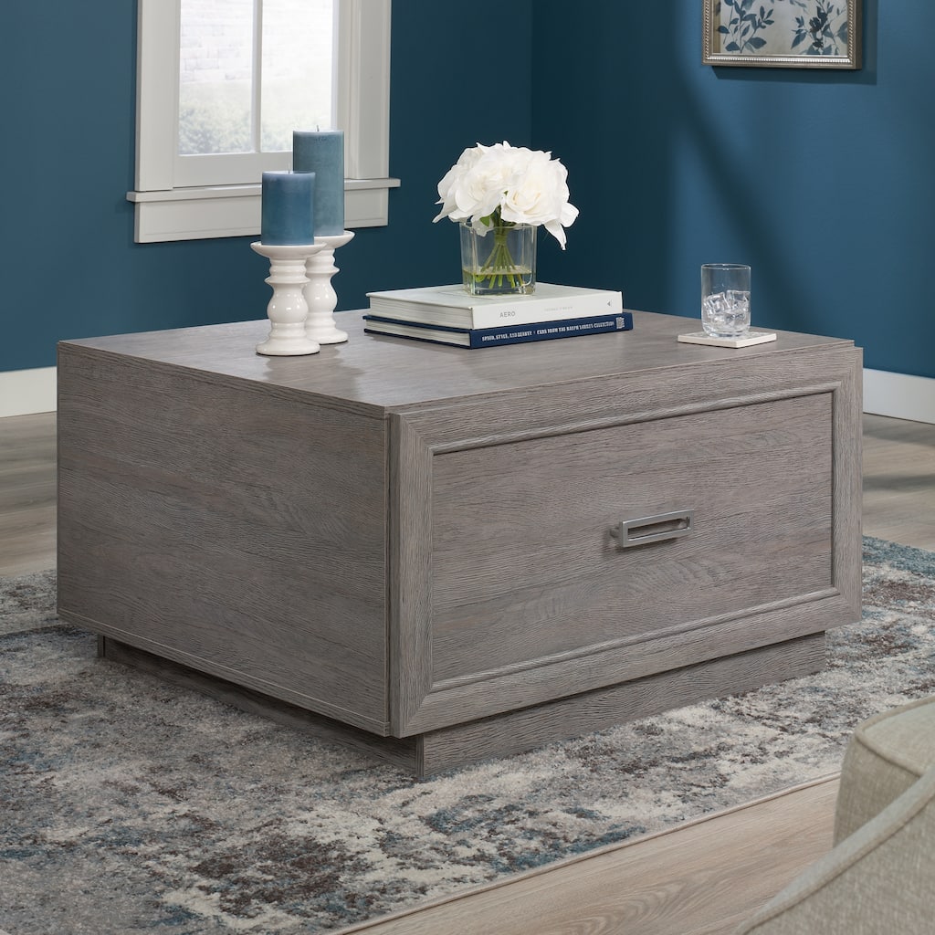 Gray Minimalist Side Table with Drawer and Open Shelf for Living Room Family Room