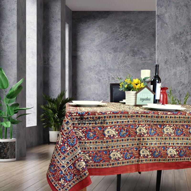 Block Print Floral Paisley Elephant Tablecloth Rectangle - 88 x 102 in - Red Blue