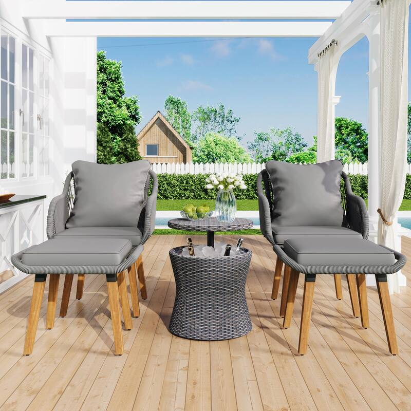 5-Piece Patio Furniture Conversation Set with Wicker Cool Bar Table and Ottomans