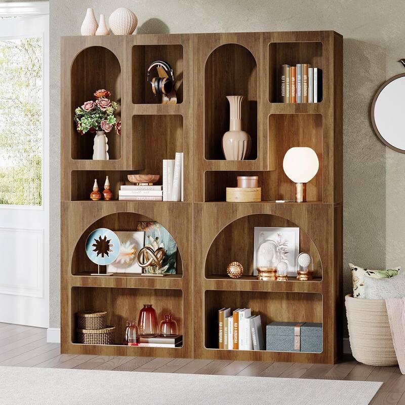 70 Inches Tall White Arched Bookcase with 5 Irregular Storage Shelves - 2PCS - Brown