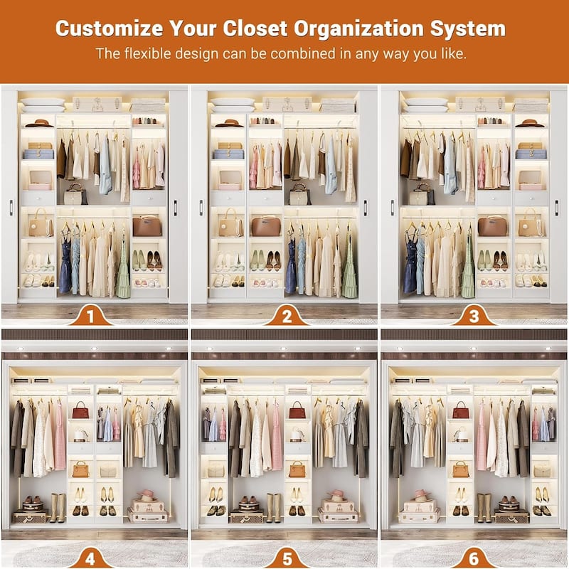 58" W - 90" W Closet System with 3 Hanging Rods and Shelves,Walk in Closet Organizer with 2 Drawers & Shoe Rack,Closet Wardrobe