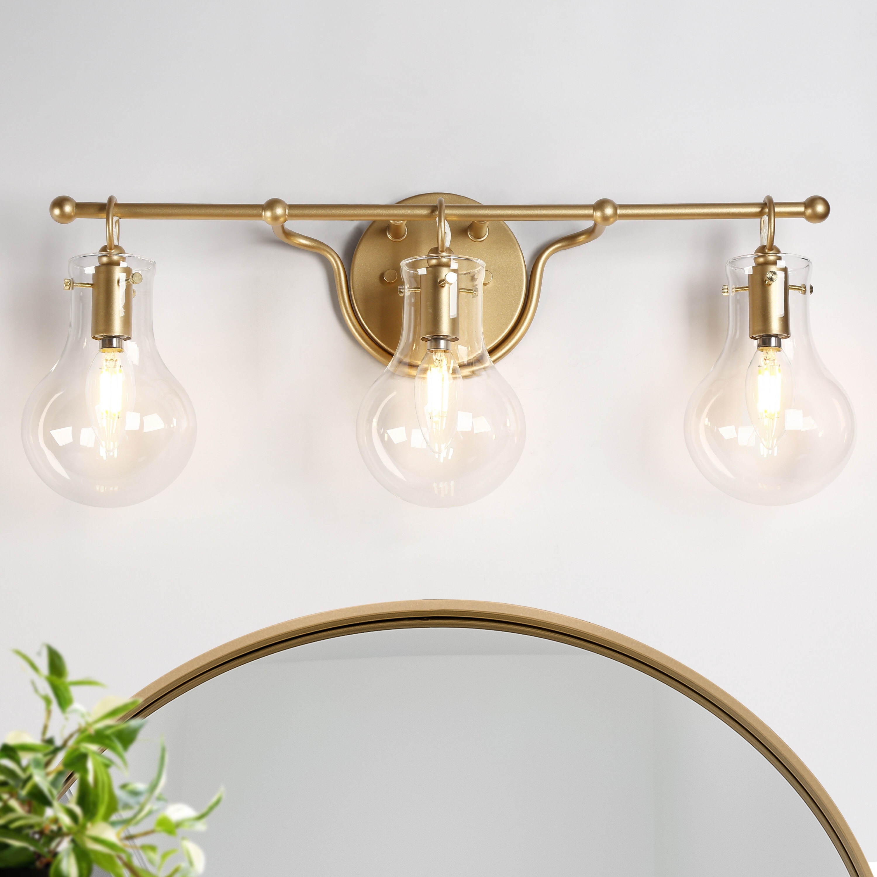 LALUZ Modern 3-Light Gold Bathroom Vanity Light Bulb Shape Glass Wall Sconce