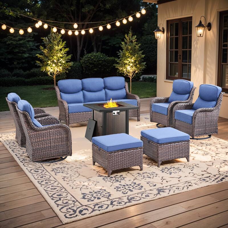 Pocassy 8/9PCS Patio Sofa Swivel Chair with 30" Fire Pit Tab;e - 8-Piece Sofa Siwvel Chair Ottoman w/ Fire Table - Blue Cushion Brown Wicker
