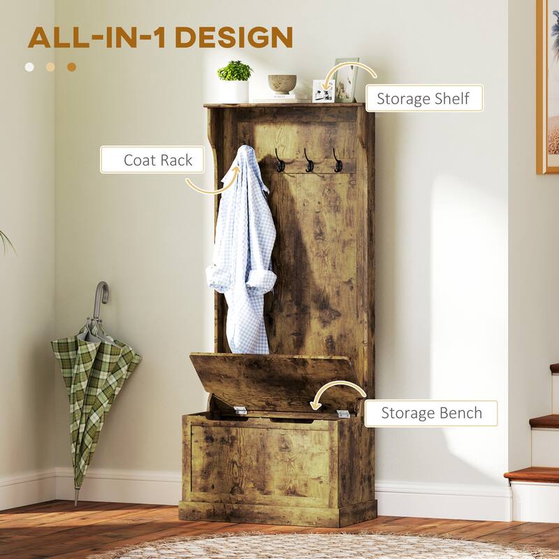 Multifunctional Hall Tree with Storage Bench, Coat Hooks & Shoe Storage MDF Wood Steel Hardware - 28.25" W x 15.5" D x 67" H