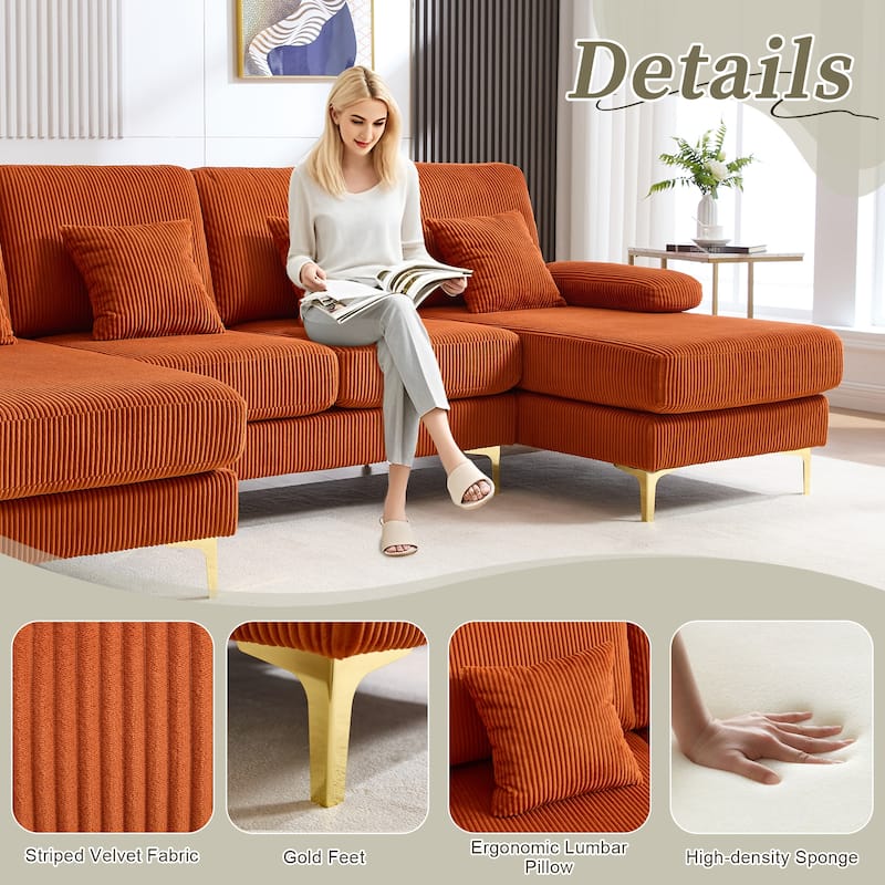 HOMEFUN Corduroy Upholstered U-shaped Adjustable Light Modular Sectional Sofa With Type-C and USB ports