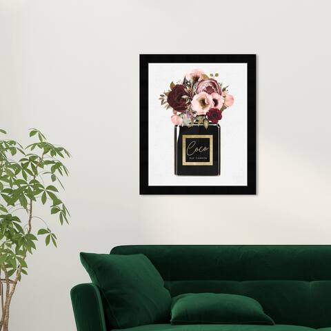 Wynwood Studio 'Blush Floral Perfume' Fashion and Glam Black Wall Art Framed Print