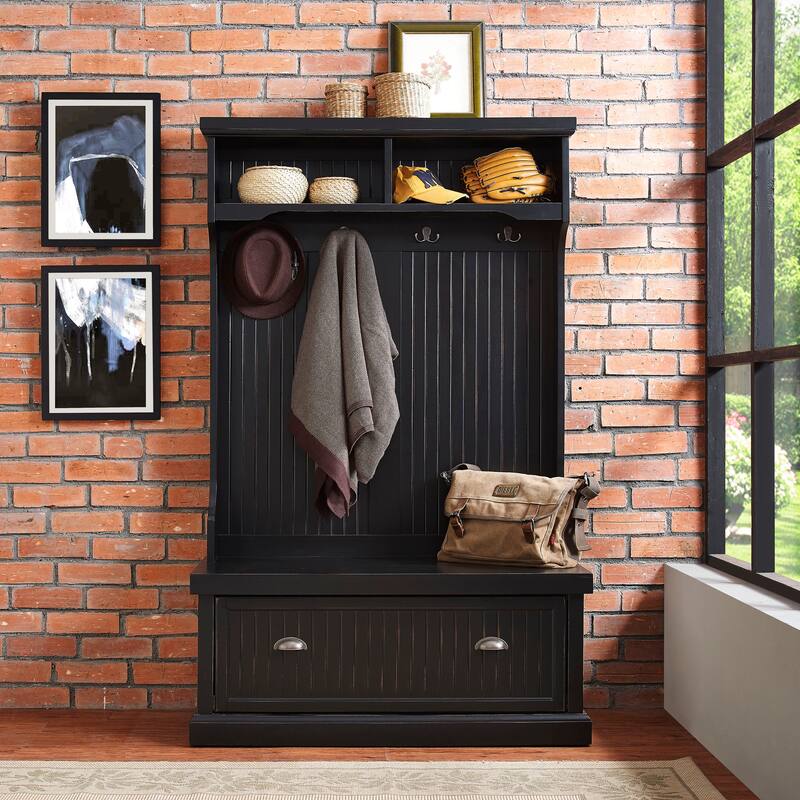 Seaside Distressed Black Wood Hall Tree