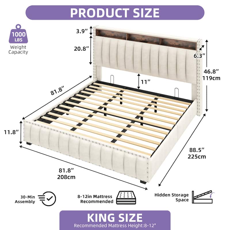 Lift Up Storage Nailhead Bed Frame with Charging Station, Velvet Upholstered Platform Bed with RGB LED Lights