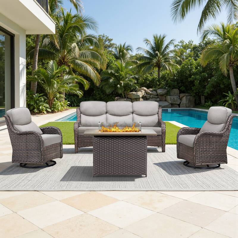 Meyreso 4-Piece Outdoor Patio Wicker Fire Pit Conversation Set with 5-Inch Thick Olefin Cushions