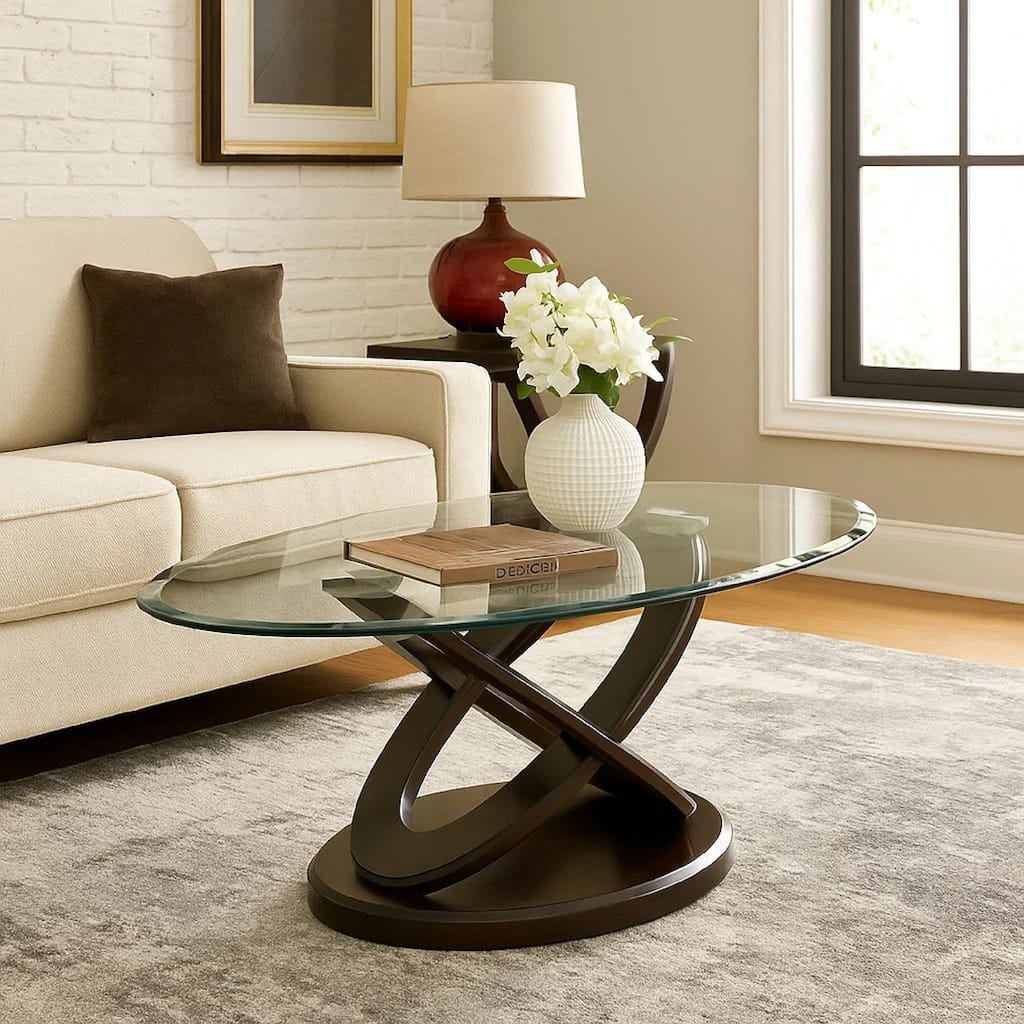 Oval Glass Top Coffee Table with Cross Oval Base, Brown and Clear
