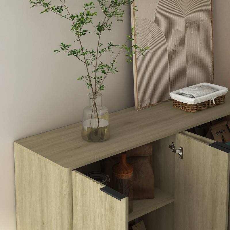 Wood 55.1" Fluted Buffet Cabinet, Credenza with Adjustable Shelves for Stylish Storage and Organization