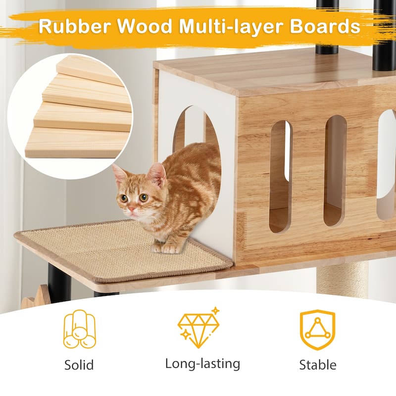 Modern Tall Cat Tower with Double Condos with Dangling Balls and Sisal Carpets - 24" x 16" x 56"