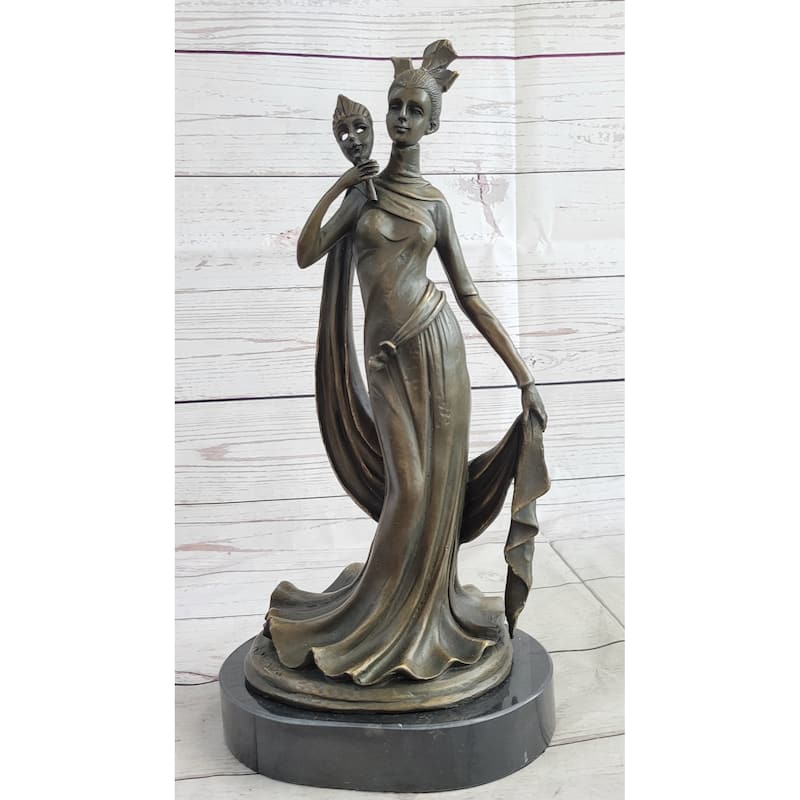 Masquerade Ball Art Deco Bronze Statue Sculpture Figure Holding Mask 14 Inches X 7 Inches