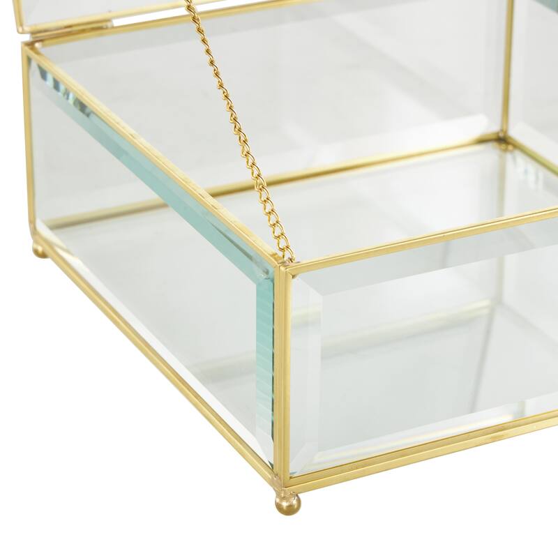 Glass Beveled Decorative Jewelry Box with Gold Metal Frame and Chain Accent - Set of 2 Clear - Roche River Decor