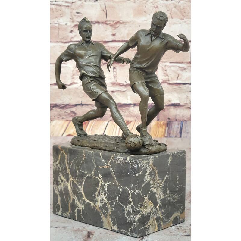 Bronze Soccer Players Sculpture – Dynamic Dual-Player Figurine On Marble Base