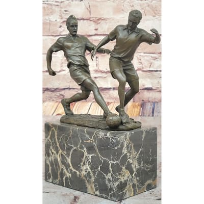 Bronze Soccer Players Sculpture – Dynamic Dual-Player Figurine On Marble Base