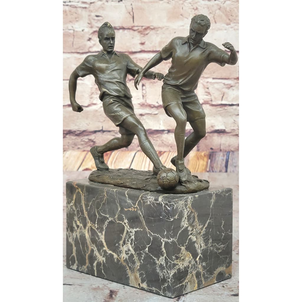 Bronze Soccer Players Sculpture – Dynamic Dual-Player Figurine On Marble Base