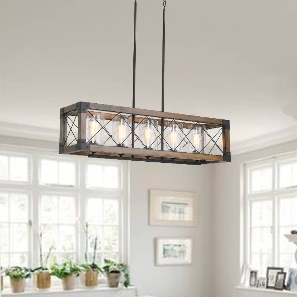 Farmhouse Rectangle Wood Metal Vintage Pendant Light