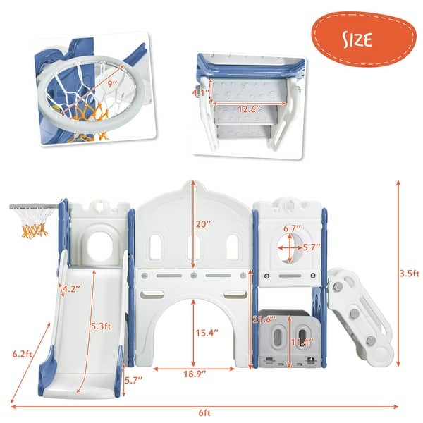 Kids Slide Playset Structure, Freestanding Castle Climber with Slide and Basketball Hoop, Toy Storage Organizer