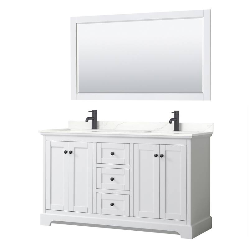 Avery 60-inch Double Vanity, Quartz Top, 58-inch Mirror - White, Black Trim, Giotto Quartz Top