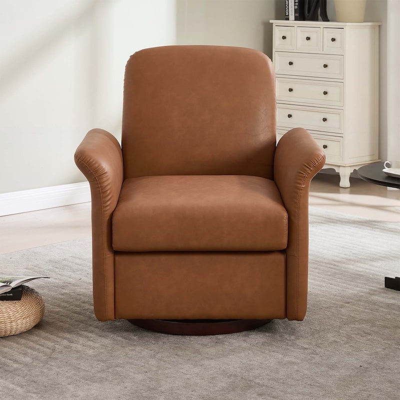 Swivel Accent Chair with Wood Base for Comfortable Reading and Living Room Elegance - Brown PU