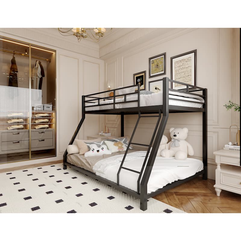 Twin over Queen Metal Bunk Bed with Safety Guardrail and Ladder - Black