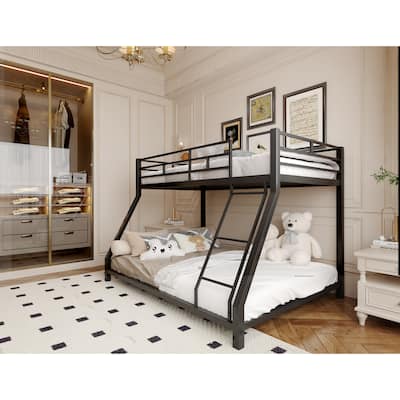 Twin over Queen Metal Bunk Bed with Safety Guardrail and Ladder