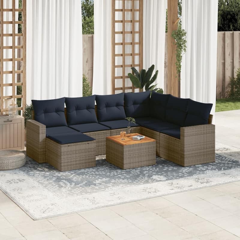 vidaXL 8 Piece Patio Sofa Set with Cushions Grey Poly Rattan - 24.4" x 24.4" x 27.2" - Grey - form2