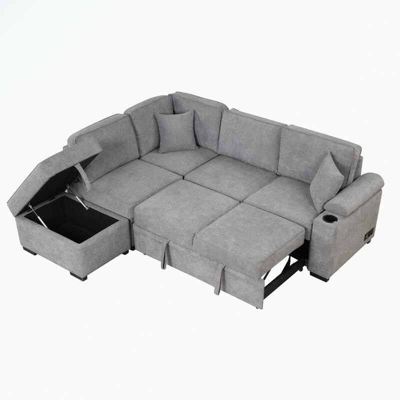 Modern 2 in 1 Pull Out sofa bed L Shape Couch with Storage Ottoman
