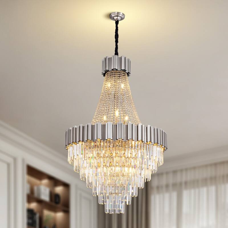 KAYLA Large Crystal Chandelier - 35.4"Modern 6-Tier 17-Light Chrome Ceiling Light, Luxury K9 Crystal - 54in - Sliver