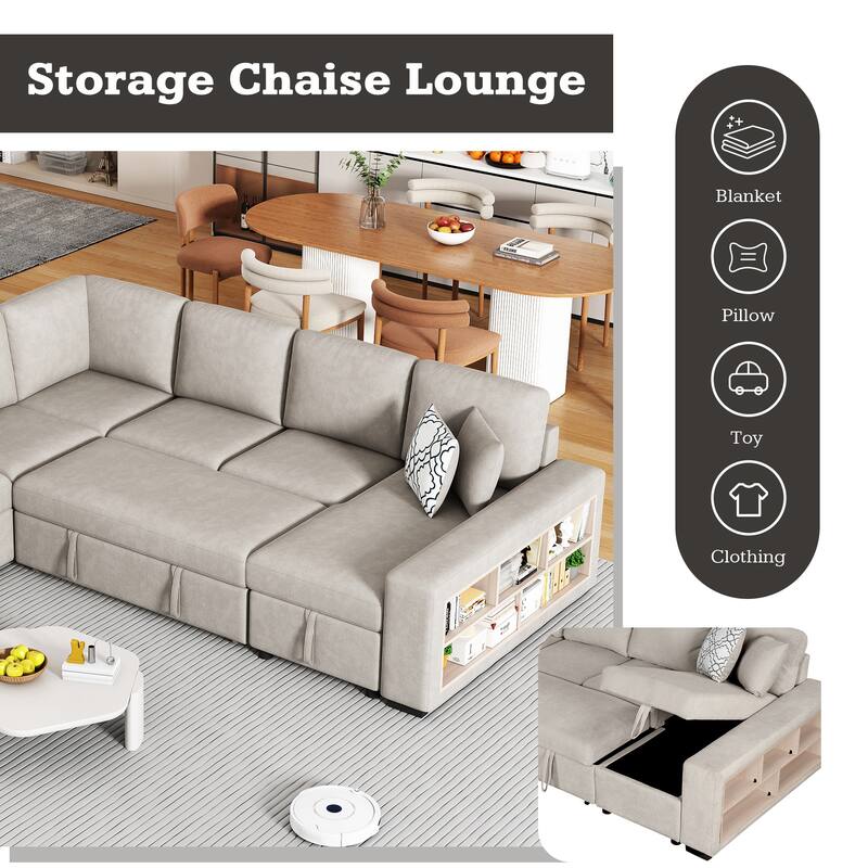 Beige 109" U-Shaped 6-Seater Sectional Sofa with Pull-Out Bed, Storage Chaise Lounge, 4 Back Pillows, and USB Charging Ports