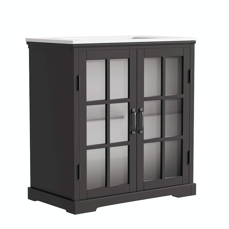 30" Modern Bathroom Vanity with Ceramic Sink, Bathroom Vanity Cabinet with Tempered Blurred Glass
