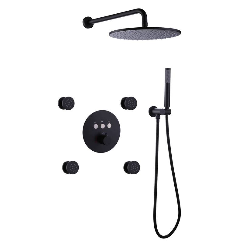 Thermostatic Shower System With Rough-in Valve Wall Mount Shower Faucet With Body Jet And Hand Shower 12 Inch Shower Head Set