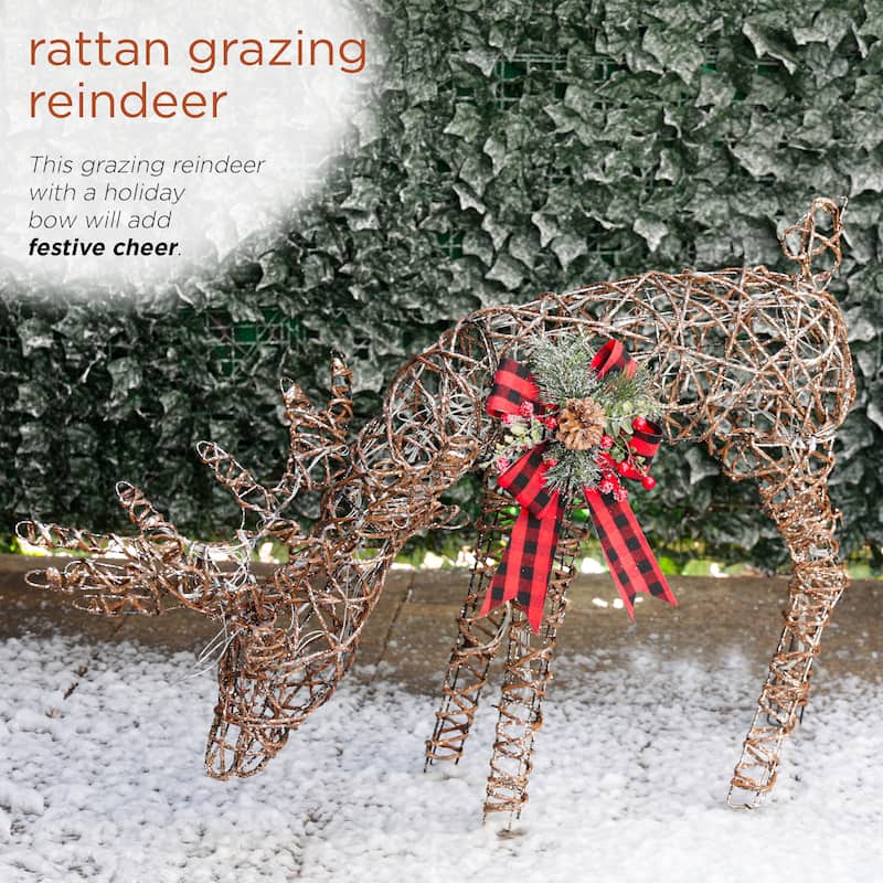 Rattan Grazing Reindeer with Bow and LED Lights Decor - Natural