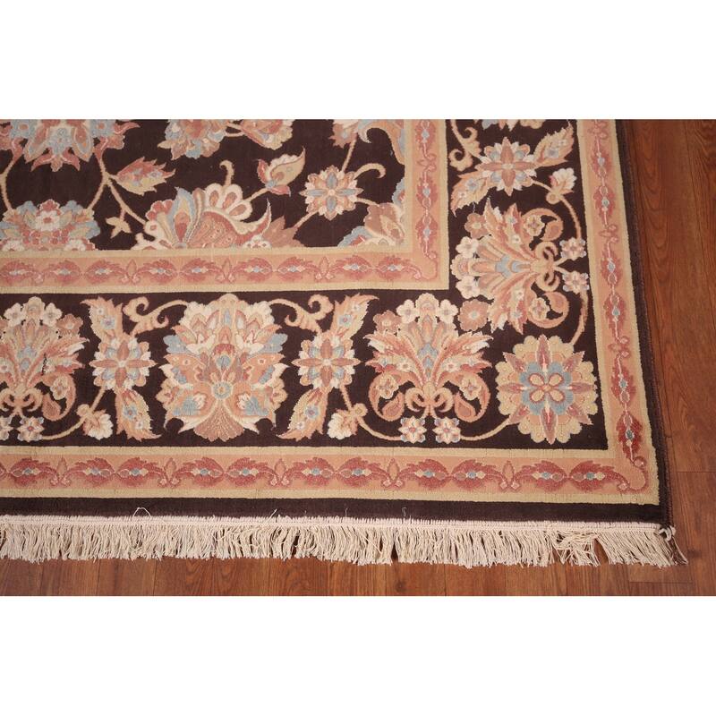 All-Over Brown Floral Kashan Turkish Area Rug Machine Made Carpet - 6'5" x 9'9"