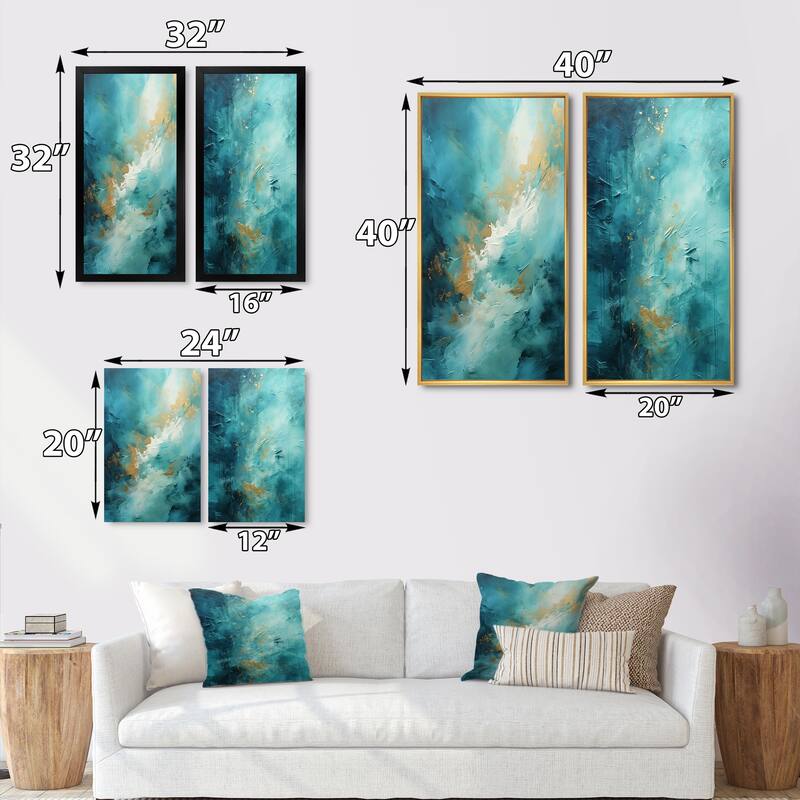 Designart "Turquoise Tranquility" Abstract Landscapes Framed Wall Art Set Of 2 - Green Gallery Set For Office Decor