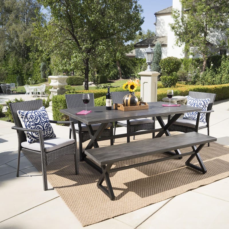 Tritan Outdoor 6-piece Rectangle Aluminum Wicker Dining Set with Cushions by Christopher Knight Home - Grey