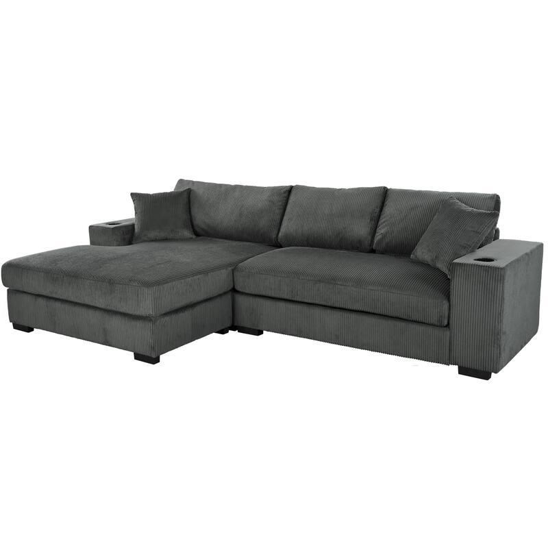 Roomfitters Large Sectional Sofa with Thick Cushions, Built-in Cup Holders and Charging Ports for Living Room