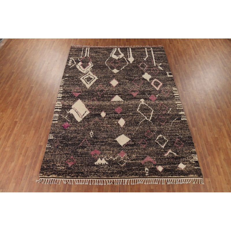Brown Plush Moroccan Area Rug Hand-Knotted Living Room Wool Carpet - 9'0" x 12'5"