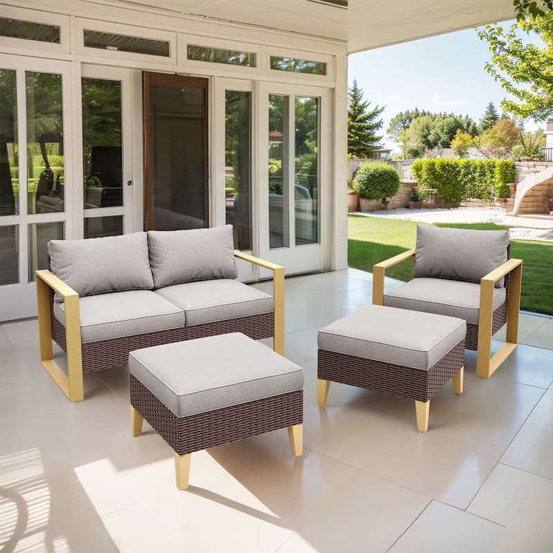 Gymojoy PE Wicker Conversation Loveseat Sofa Chair Set - Brown - Beige