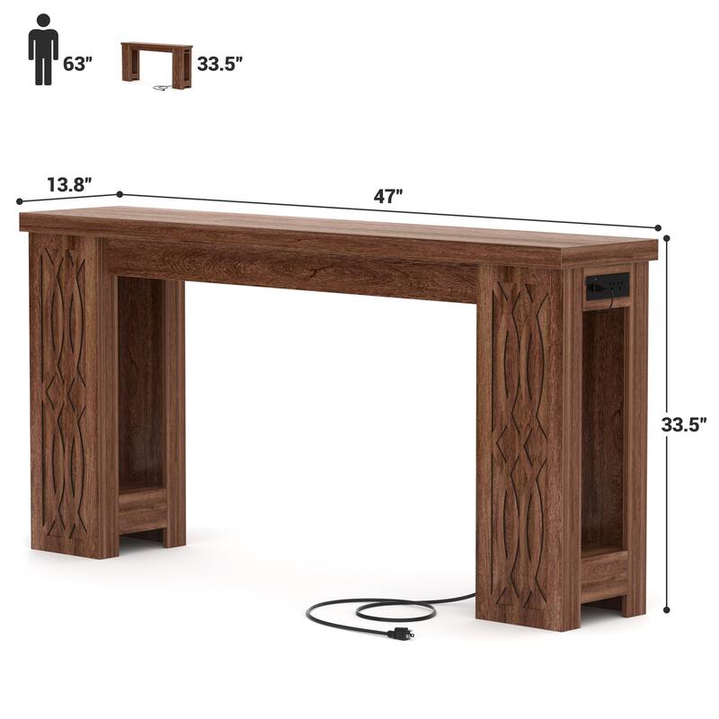 47" Farmhouse Console Table with RGB LED Light ＆ Power Outlets, Unique Carved Design Farmhouse Entryway Table Sofa Table