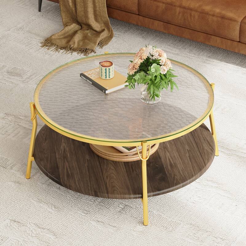 29.9" Round Coffee Table, Luxurious Center Table for Living Room, 2-Tier Storage Table with Glass Top and Gold Base
