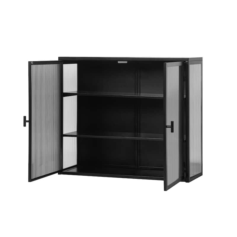 27.56"Glass Doors Modern Two-door Wall Cabinet with Featuring Three-tier Storage,Black