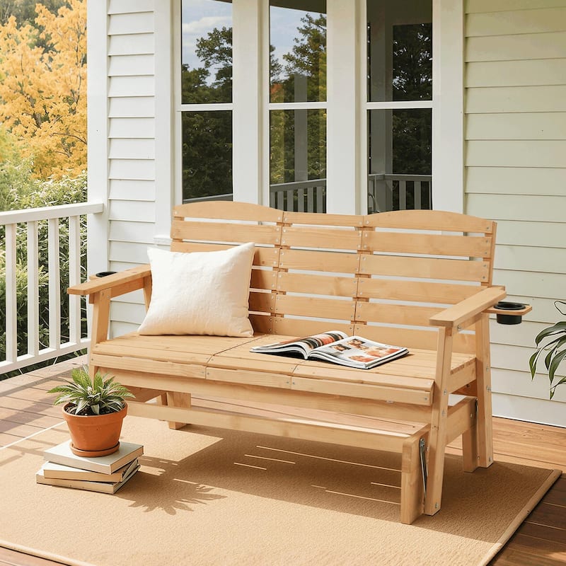 All-Weather Outdoor Glider Chair with Cup Holders, High Backrest & Wide Armrests, Perfect for Gardens, Patios, and Porches - Natural Wood