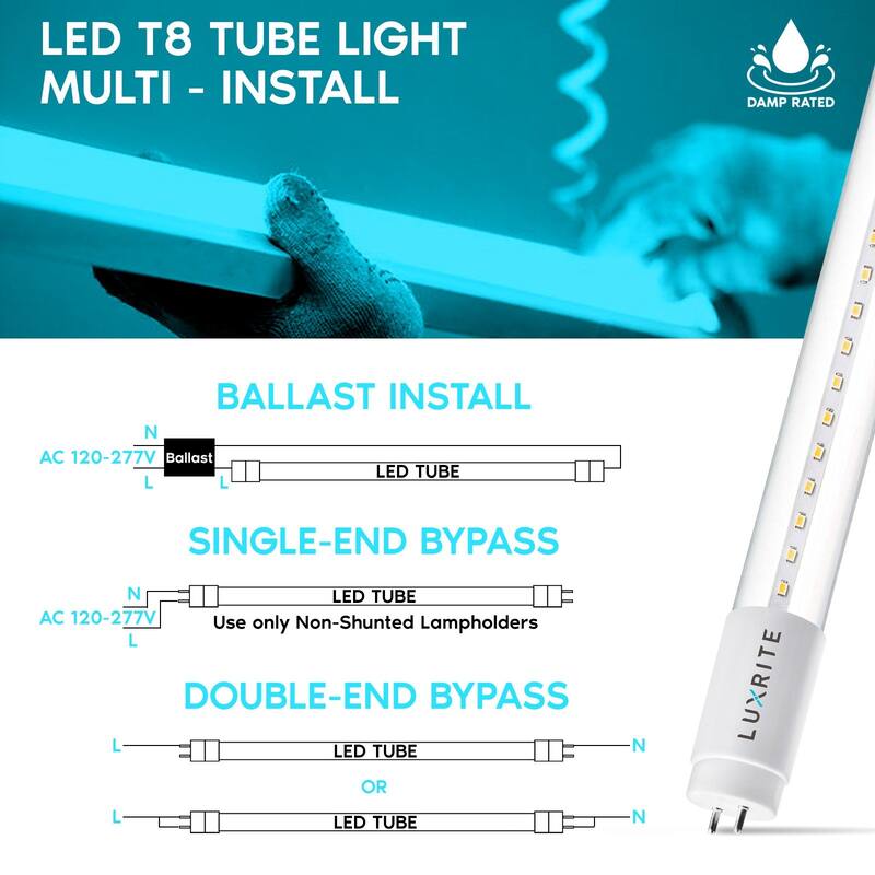 Luxrite 12-Pack 4FT T8 LED Tube Light Ballast and Ballast Bypass 13W=32W Single-End or Double-End Damp Rated UL Listed