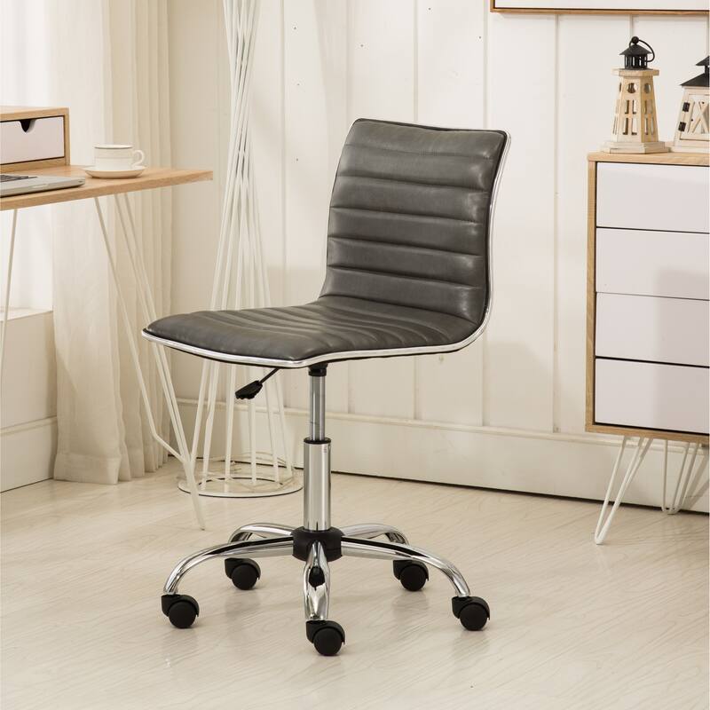 Cute Armless Office Chair, Leather Computer Desk Chair, Vanity Task Chair with Adjustable Height, Swivel Wheels, Mid Back - Grey