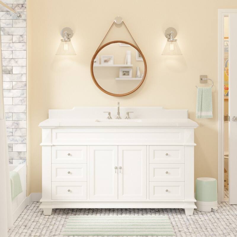KitchenBathCollection Elizabeth 60" Single Bathroom Vanity with Quartz Top - White