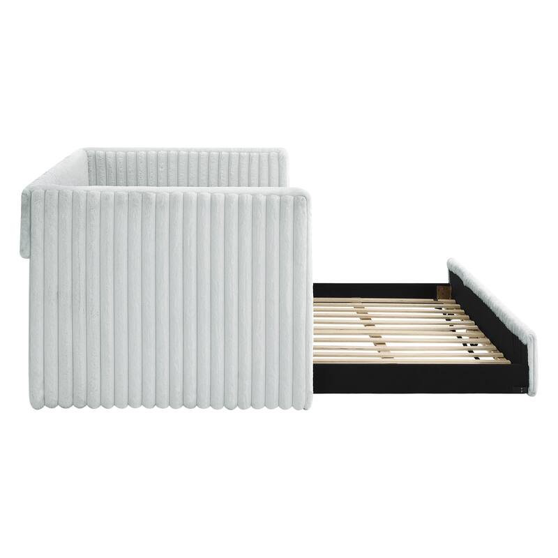 Twin Size Daybed, Upholstered sofa bed,The bottom pulls out to form a bed ,Striped corduroy fabric- Light grey(86"*43.5"*34")